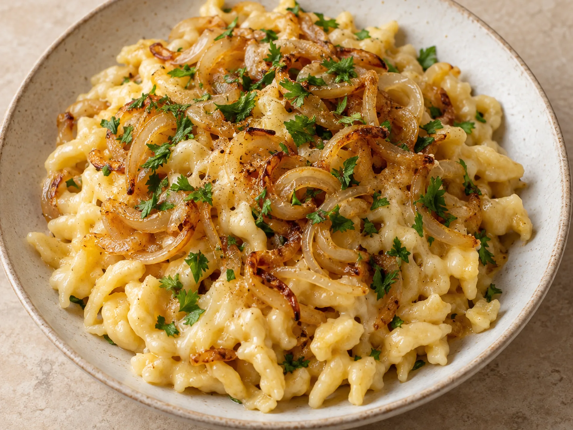Käsespätzle maison aux oignons dorés