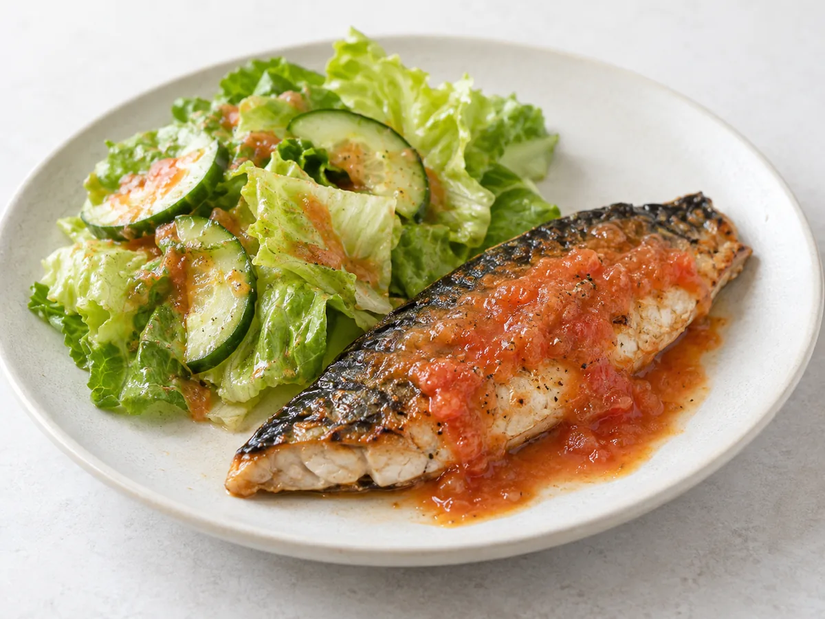 Grilled Mackerel with Tomato-Lemon Sauce and Salad