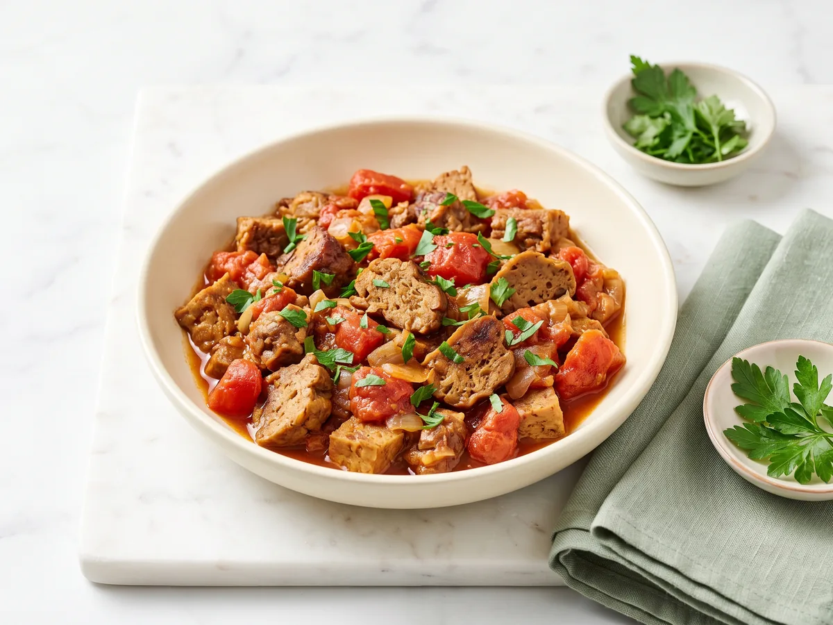 Seitan Stewed with Tomato and Onion
