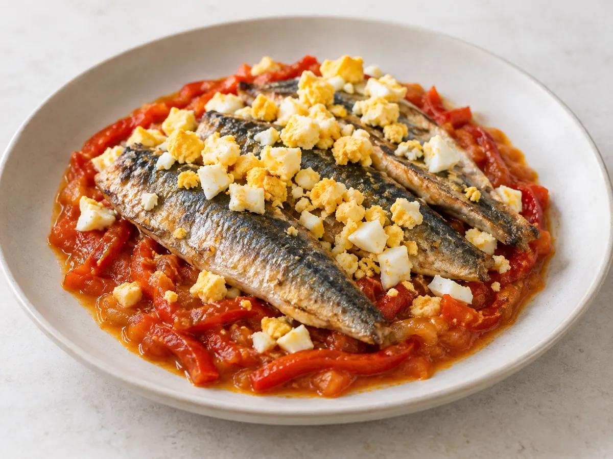 Sardines on Stewed Peppers with Chopped Egg