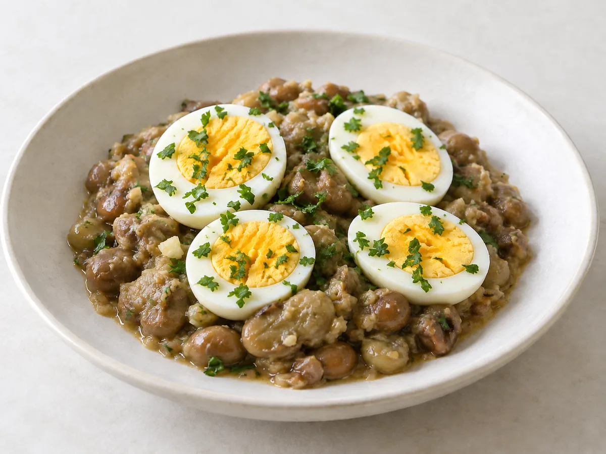 Whole Fava Beans with Mellow Garlic and Eggs