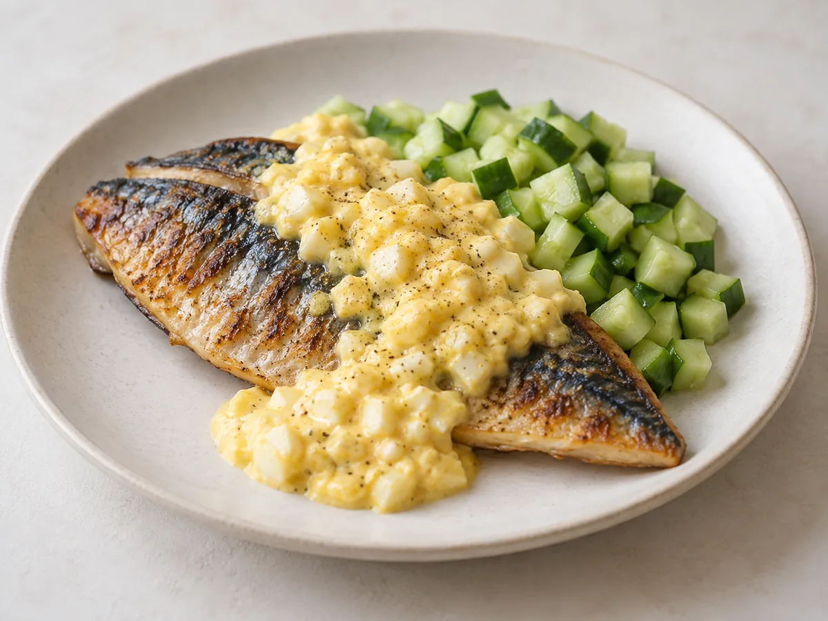 Grilled Mackerel with Egg Sauce and Cucumber