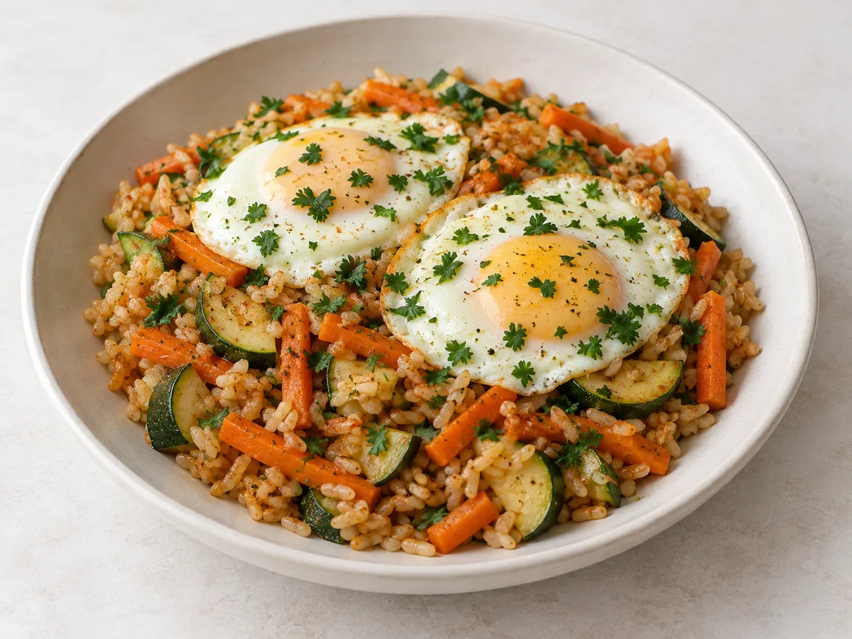 Paprika Fried Rice with Vegetables and Two Eggs
