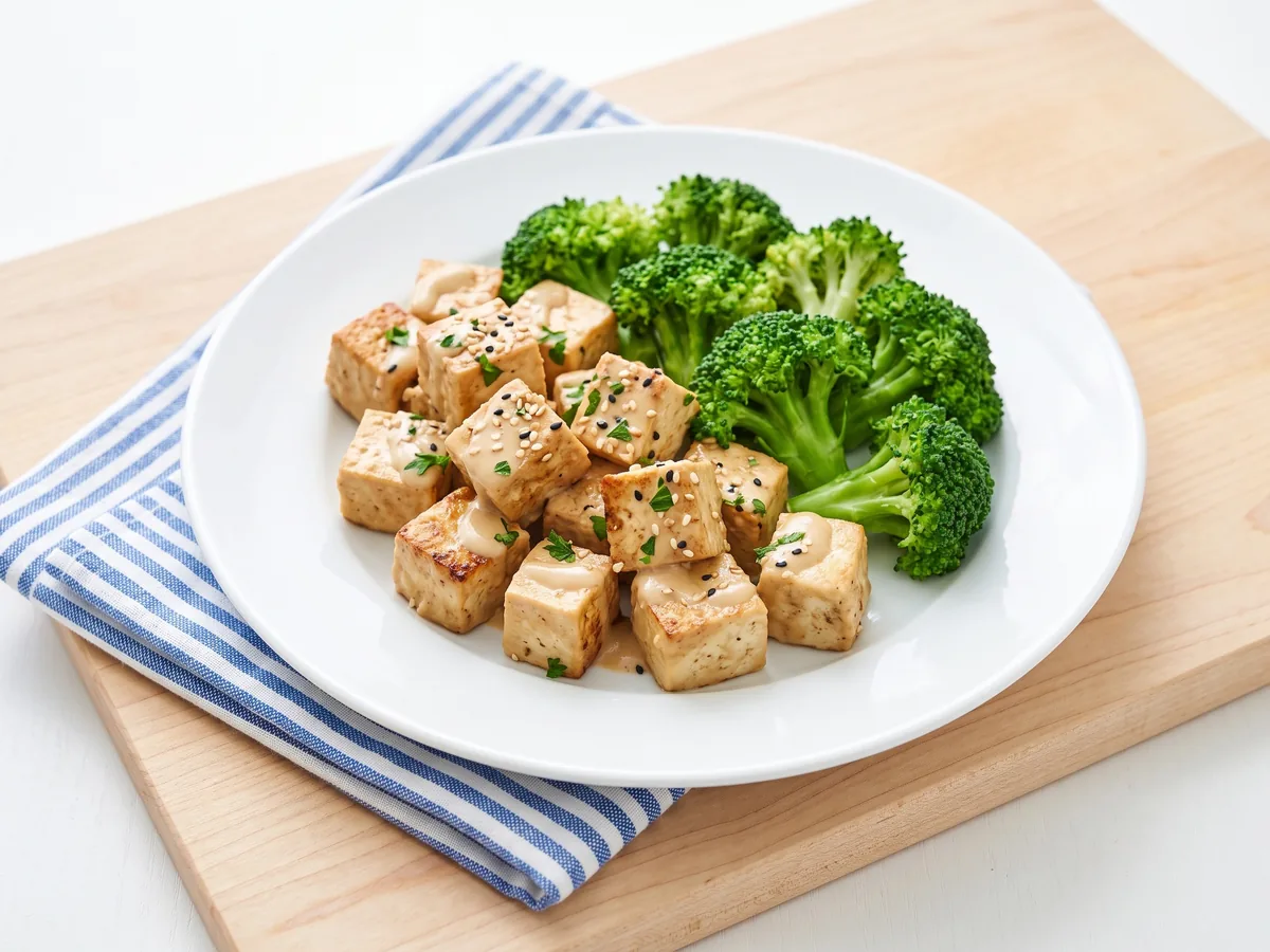 Golden Tofu with Lemon-Tahini Sauce and Broccoli
